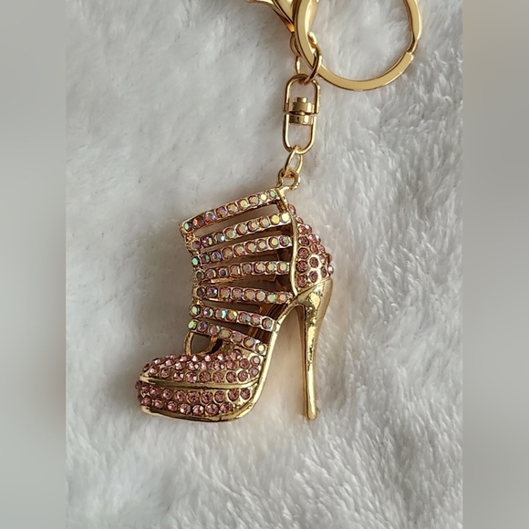 High Heel Gold and Pink Sparkling Rhinestone Keychain Bag Charm - Picture 2 of 8